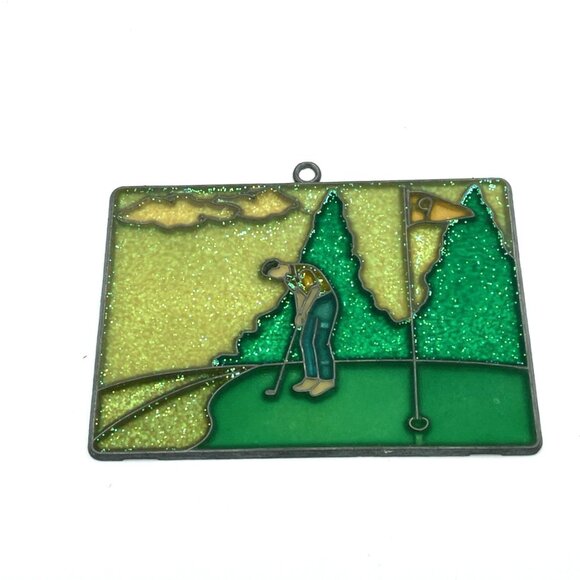 Vintage Stained Glass Golf Sun Catcher Glittery Golfer Hole 9 Flag - Picture 2 of 3